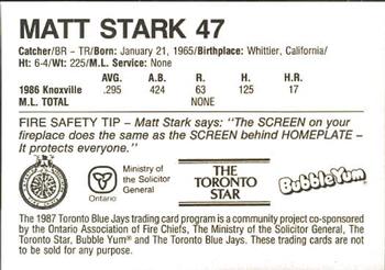 1987 Toronto Blue Jays Fire Safety #NNO Matt Stark Back