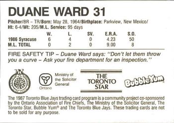 1987 Toronto Blue Jays Fire Safety #NNO Duane Ward Back