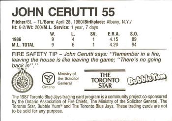 1987 Toronto Blue Jays Fire Safety #NNO John Cerutti Back