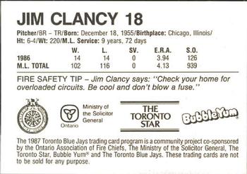 1987 Toronto Blue Jays Fire Safety #NNO Jim Clancy Back