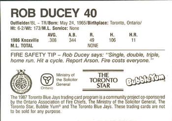 1987 Toronto Blue Jays Fire Safety #NNO Rob Ducey Back