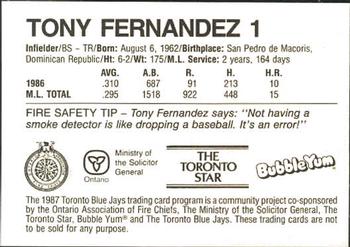 1987 Toronto Blue Jays Fire Safety #NNO Tony Fernandez Back