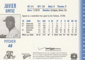 2003 MultiAd Trenton Thunder #9 Javier Ortiz Back