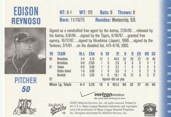 2003 MultiAd Trenton Thunder #10 Edison Reynoso Back