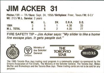 1985 Toronto Blue Jays Fire Safety #NNO Jim Acker Back