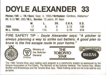 1985 Toronto Blue Jays Fire Safety #NNO Doyle Alexander Back