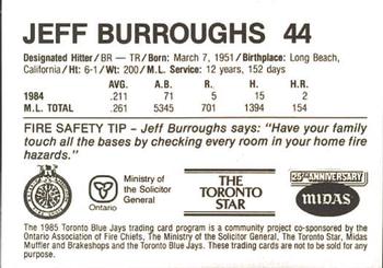 1985 Toronto Blue Jays Fire Safety #NNO Jeff Burroughs Back