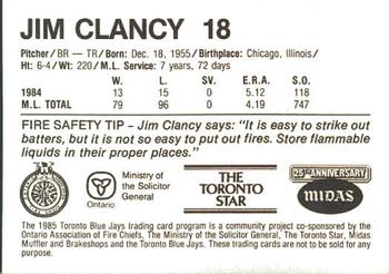 1985 Toronto Blue Jays Fire Safety #NNO Jim Clancy Back