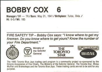 1985 Toronto Blue Jays Fire Safety #NNO Bobby Cox Back
