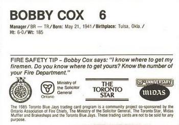 1985 Toronto Blue Jays Fire Safety #NNO Bobby Cox Back