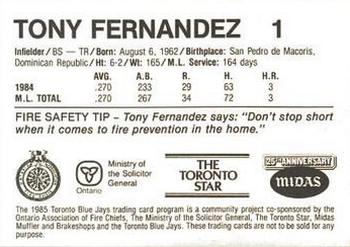 1985 Toronto Blue Jays Fire Safety #NNO Tony Fernandez Back
