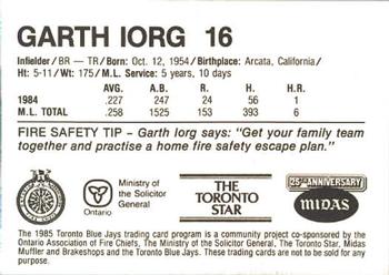 1985 Toronto Blue Jays Fire Safety #NNO Garth Iorg Back