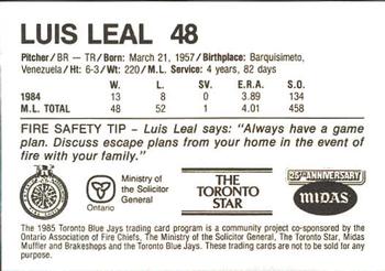 1985 Toronto Blue Jays Fire Safety #NNO Luis Leal Back