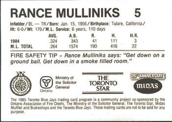 1985 Toronto Blue Jays Fire Safety #NNO Rance Mulliniks Back