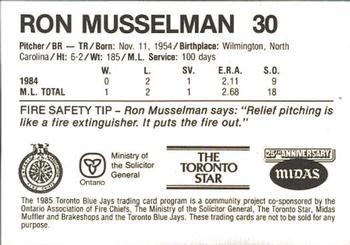 1985 Toronto Blue Jays Fire Safety #NNO Ron Musselman Back