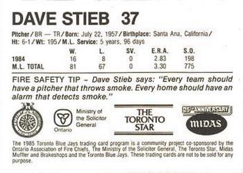 1985 Toronto Blue Jays Fire Safety #NNO Dave Stieb Back