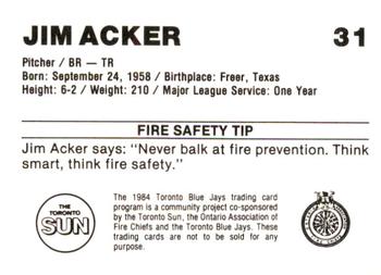 1984 Toronto Blue Jays Fire Safety #NNO Jim Acker Back