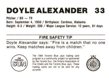 1984 Toronto Blue Jays Fire Safety #NNO Doyle Alexander Back