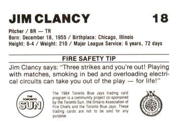 1984 Toronto Blue Jays Fire Safety #NNO Jim Clancy Back
