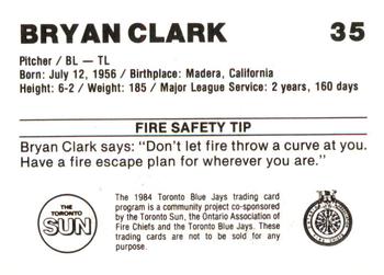 1984 Toronto Blue Jays Fire Safety #NNO Bryan Clark Back