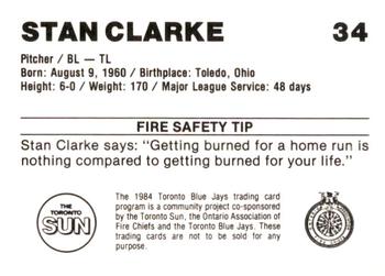 1984 Toronto Blue Jays Fire Safety #NNO Stan Clarke Back