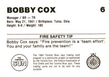 1984 Toronto Blue Jays Fire Safety #NNO Bobby Cox Back