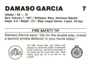 1984 Toronto Blue Jays Fire Safety #NNO Damaso Garcia Back