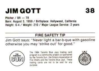 1984 Toronto Blue Jays Fire Safety #NNO Jim Gott Back