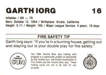 1984 Toronto Blue Jays Fire Safety #NNO Garth Iorg Back