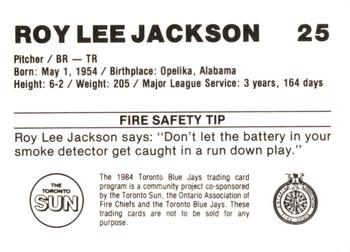1984 Toronto Blue Jays Fire Safety #NNO Roy Lee Jackson Back