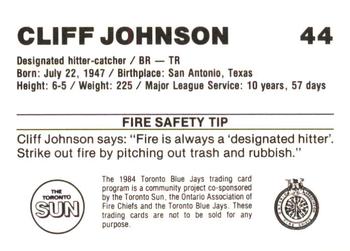 1984 Toronto Blue Jays Fire Safety #NNO Cliff Johnson Back