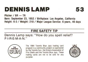 1984 Toronto Blue Jays Fire Safety #NNO Dennis Lamp Back