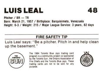 1984 Toronto Blue Jays Fire Safety #NNO Luis Leal Back