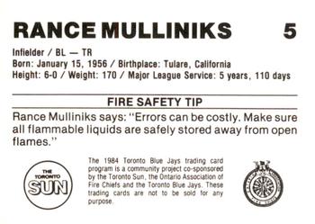 1984 Toronto Blue Jays Fire Safety #NNO Rance Mulliniks Back