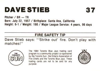 1984 Toronto Blue Jays Fire Safety #NNO Dave Stieb Back