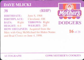 1998 Mother's Cookies Los Angeles Dodgers #16 Dave Mlicki Back