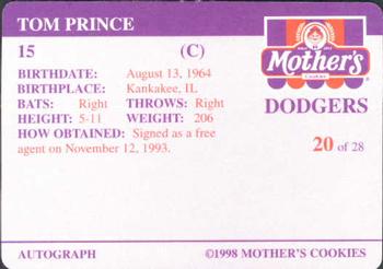 1998 Mother's Cookies Los Angeles Dodgers #20 Tom Prince Back