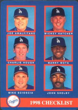 1998 Mother's Cookies Los Angeles Dodgers #28 Coaches & Checklist (Joe Amalfitano / Mickey Hatcher / Charlie Hough / Manny Mota / Mike Scioscia / John Shelby) Front