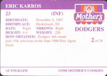 1998 Mother's Cookies Los Angeles Dodgers #2 Eric Karros Back