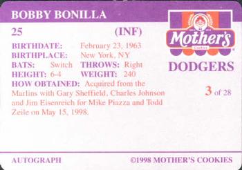 1998 Mother's Cookies Los Angeles Dodgers #3 Bobby Bonilla Back