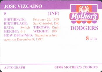1998 Mother's Cookies Los Angeles Dodgers #8 Jose Vizcaino Back
