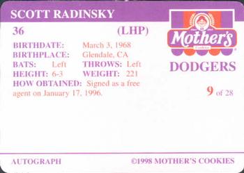 1998 Mother's Cookies Los Angeles Dodgers #9 Scott Radinsky Back