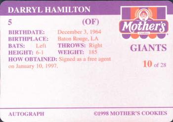 1998 Mother's Cookies San Francisco Giants #10 Darryl Hamilton Back
