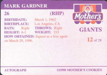 1998 Mother's Cookies San Francisco Giants #12 Mark Gardner Back