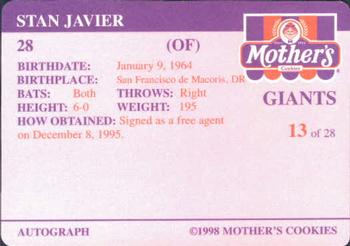 1998 Mother's Cookies San Francisco Giants #13 Stan Javier Back