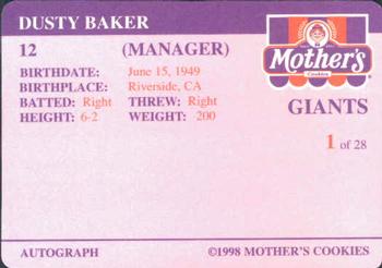 1998 Mother's Cookies San Francisco Giants #1 Dusty Baker Back