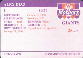 1998 Mother's Cookies San Francisco Giants #25 Alex Diaz Back