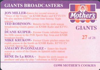 1998 Mother's Cookies San Francisco Giants #27 Jon Miller / Ted Robinson / Mike Krukow / Duane Kuiper / Rene de la Rosa / Amaury Pi-Gonzalez Back