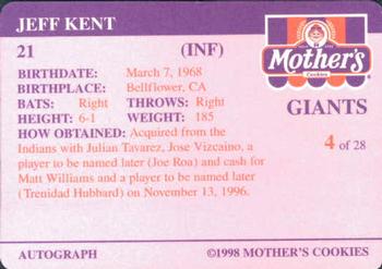 1998 Mother's Cookies San Francisco Giants #4 Jeff Kent Back