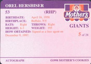 1998 Mother's Cookies San Francisco Giants #5 Orel Hershiser Back
